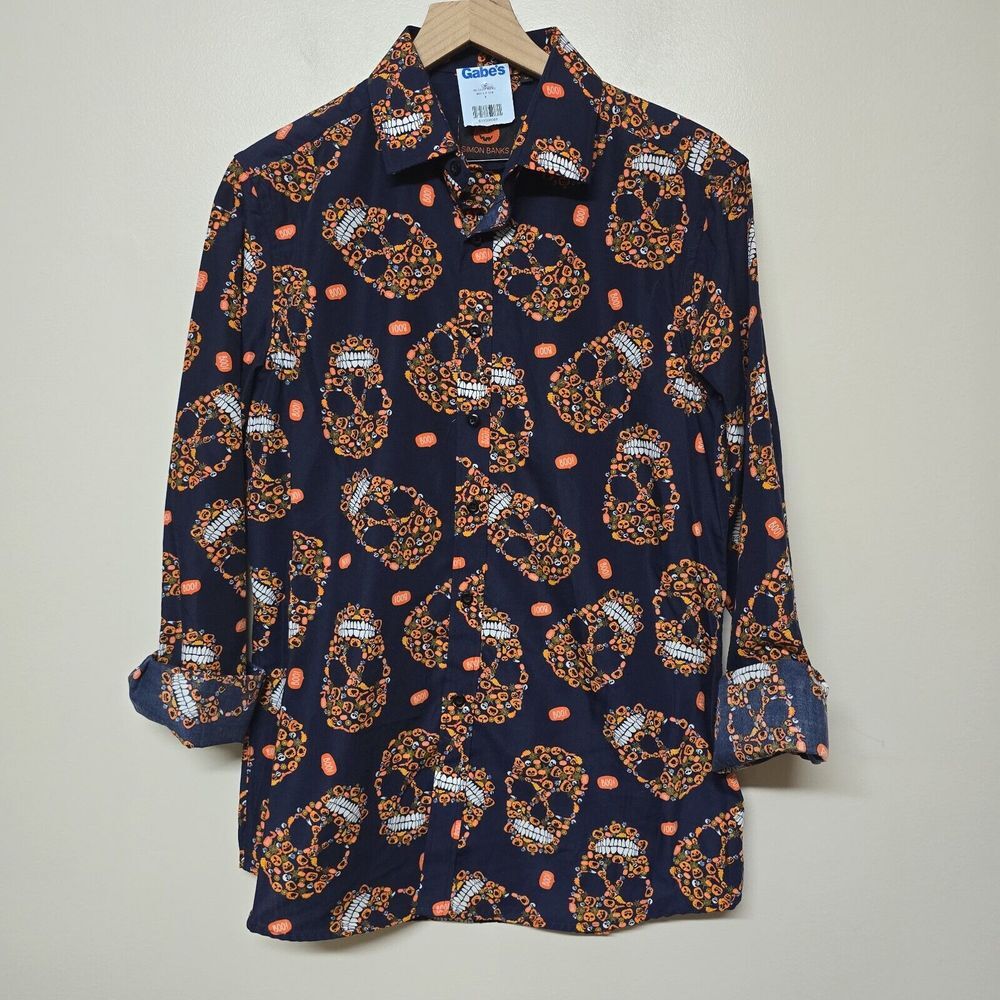 Simon Banks Blue and Orange Pumpkin Skull Print Mens Button‎ Down Medium NWT